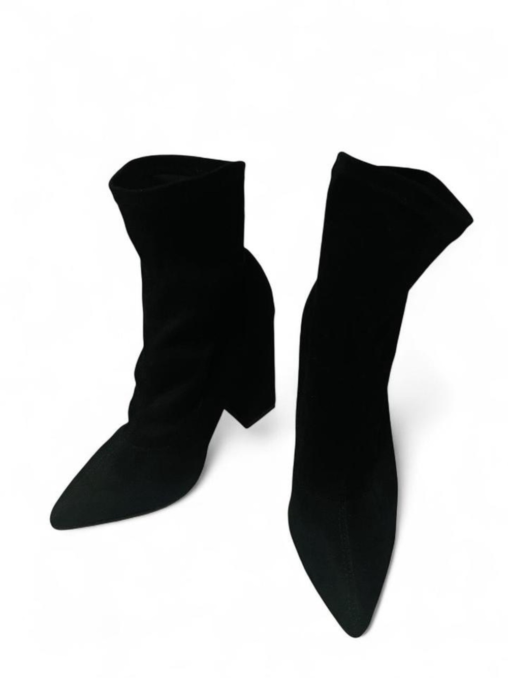 Boohoo Black Faux Suede Pointed Toe Block Heel Sock Ankle Boots Size 10